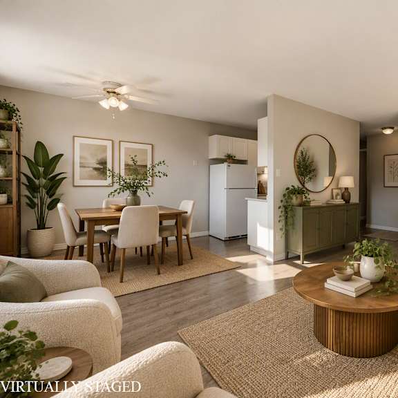 a living room with a white couch, a coffee table, and a dining table with chairs.