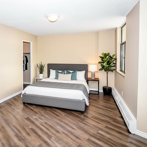 a bedroom with a bed, nightstand, and a plant.