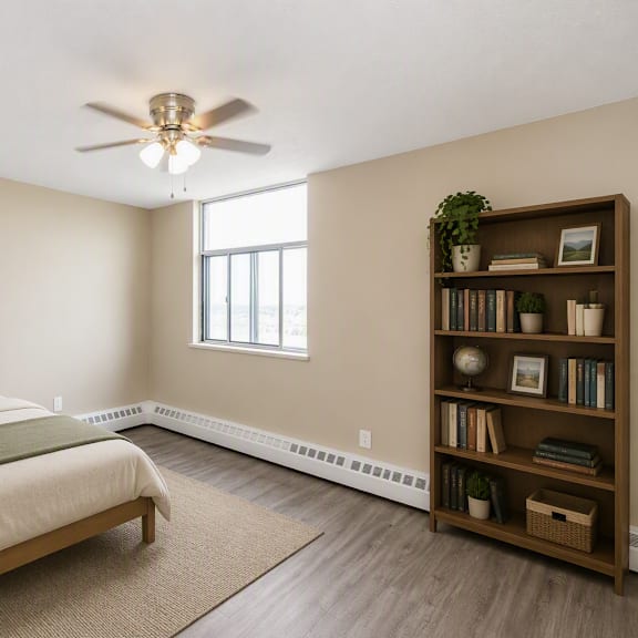 a bedroom with a large bed and a bookshelf.