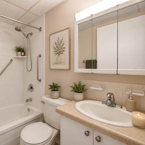 a bathroom with a white tub, sink, and toilet.