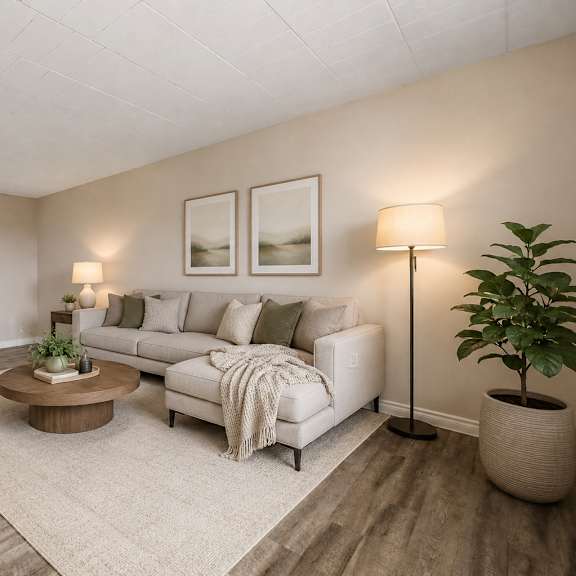a living room with a white couch, a coffee table, and a potted plant.