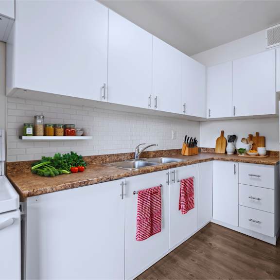 a kitchen with white cabinets and a granite countertop.