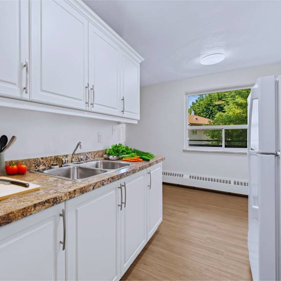 a kitchen with white cabinets and a granite countertop.
