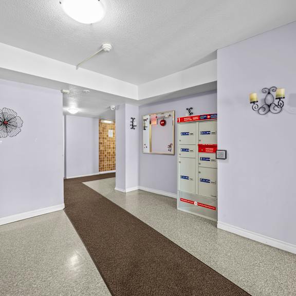 a hallway with a brown carpet and white walls.