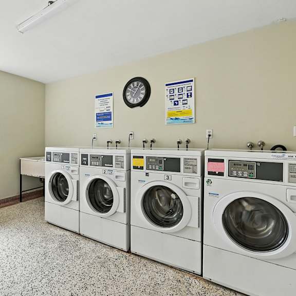 a row of white front load washing machines in a laundry room.