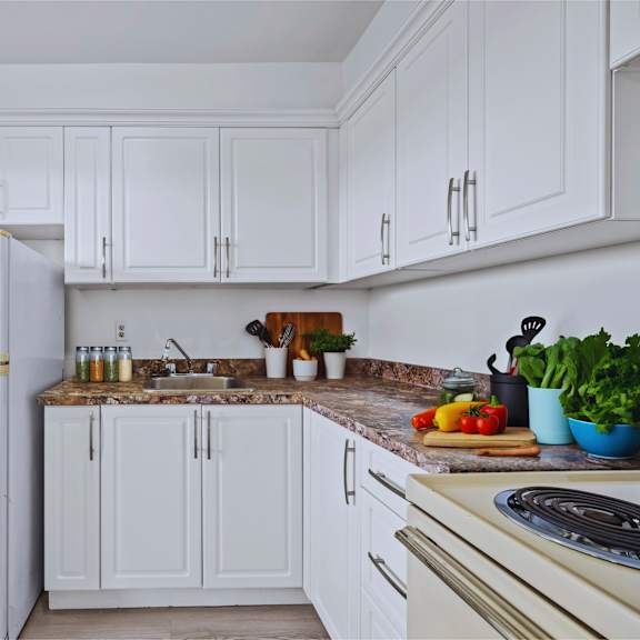 a kitchen with white cabinets and a marble countertop.