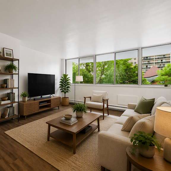 a living room with a couch, a coffee table, and a television.