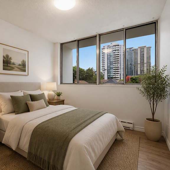 a bedroom with a large bed and a potted plant.