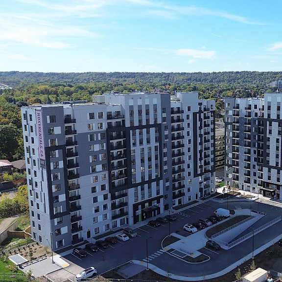 two large buildings at roxy apartments, hamilton, on