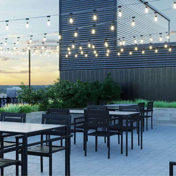 rooftop patio at ophelia on queen apartments, kitchener