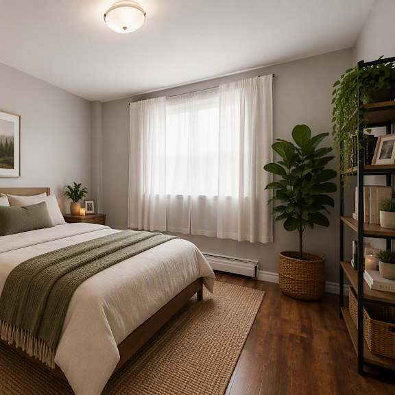 a bedroom with a bed, nightstand, and a painting on the wall.