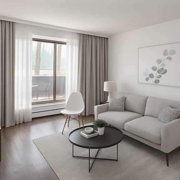 a modern living room with a grey sofa, a white chair, and a coffee table.