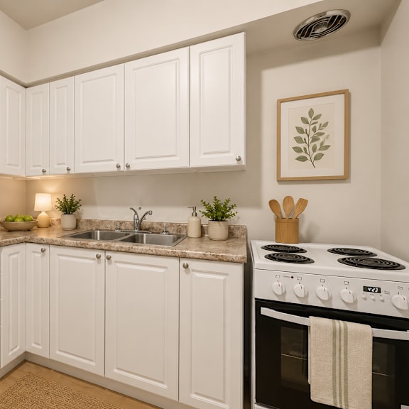 a kitchen with white cabinets and a stove top oven.