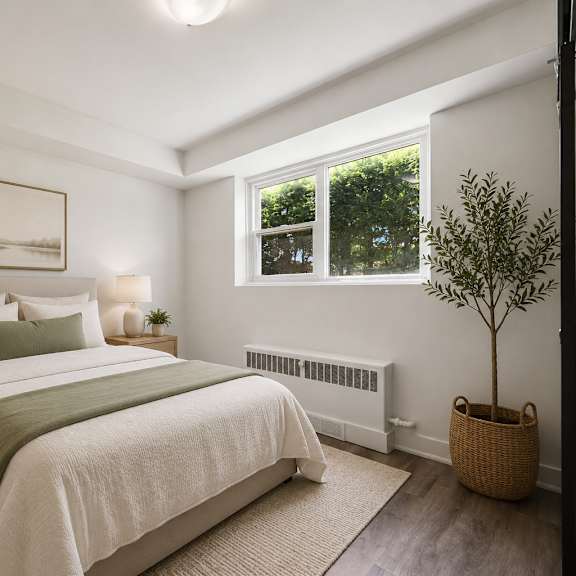 a bedroom with a large bed, a small tree, and a painting on the wall.
