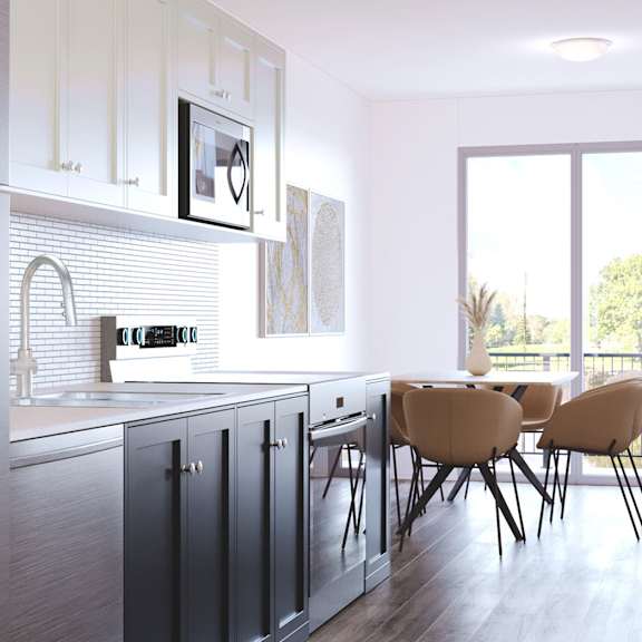 kitchen with a dining table at the maverick apartments, kitchener, ontario