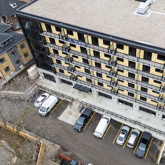 aerial view of building at the maverick apartments, ontario