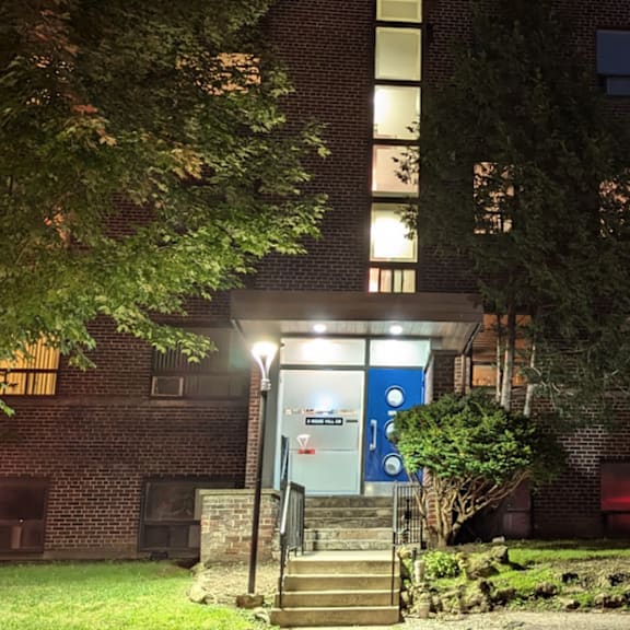 a building with a blue door and a tree in front.