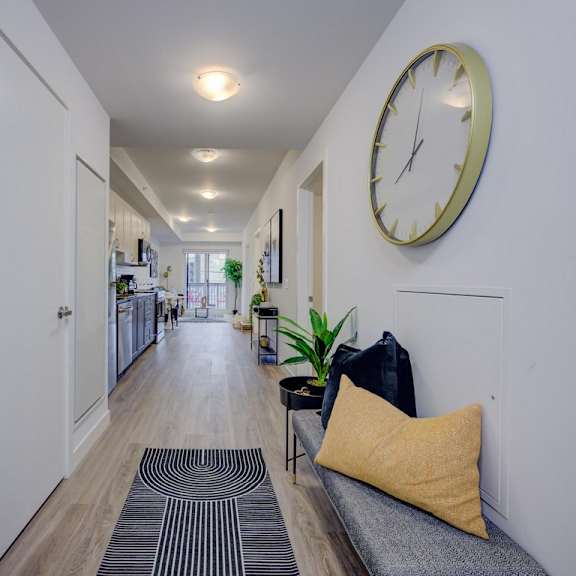 a long hallway at the maverick apartments, kitchener