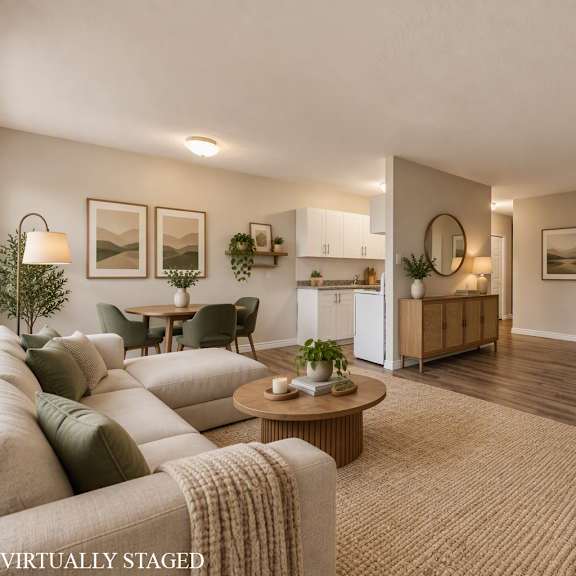 a living room with a couch, a coffee table, and a potted plant.