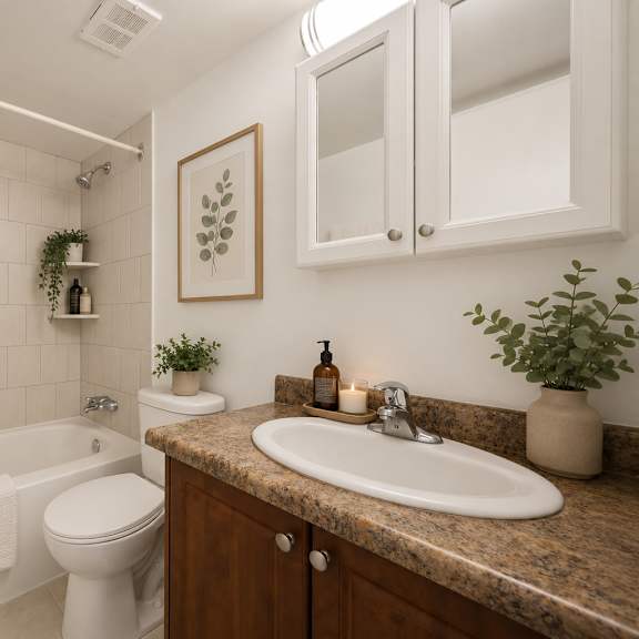 a bathroom with a white toilet, a shower with a white curtain, and a brown countertop with a sink and a plant.