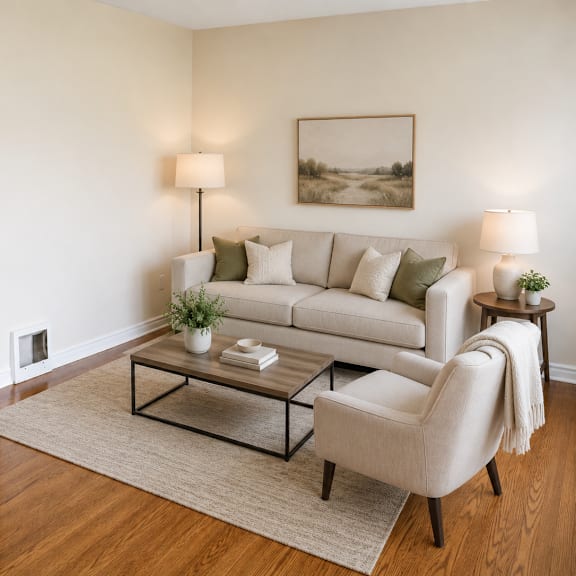 a living room with a couch, chair, and coffee table.