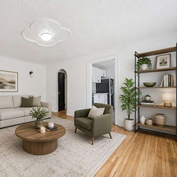 a living room with a white couch, a green armchair, a wooden coffee table, and a white rug.