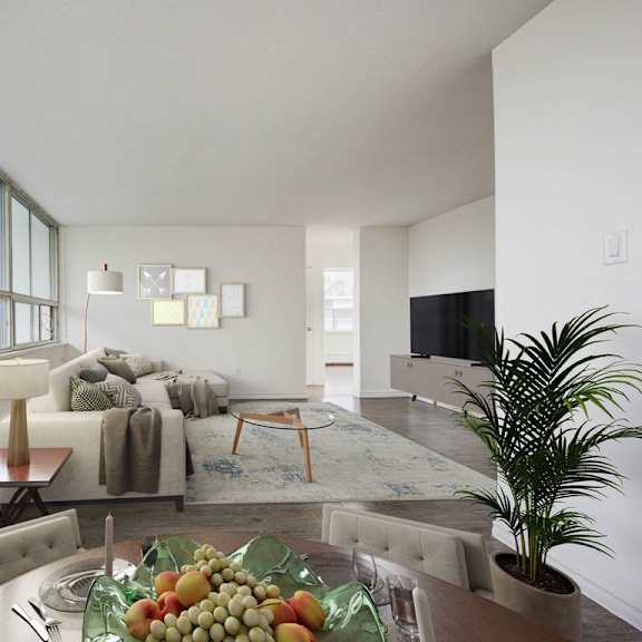 a living room with a couch, a coffee table, and a potted plant.