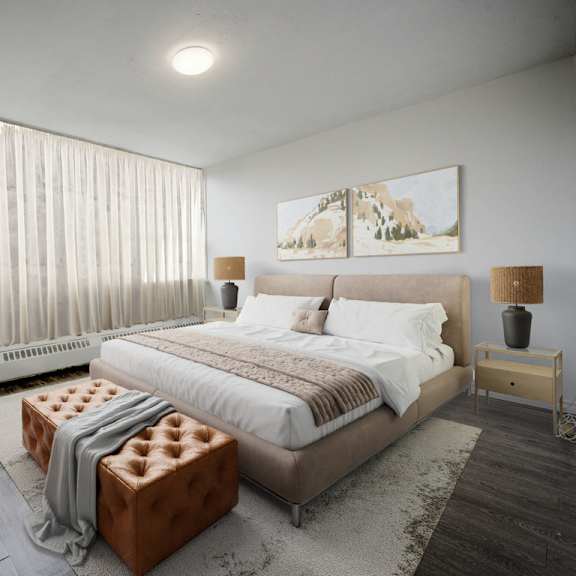 a bedroom with a large bed, a bench, and a painting on the wall.
