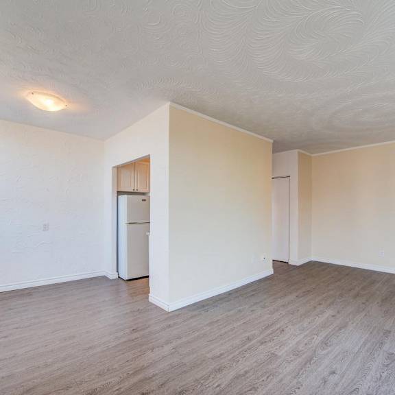 a room with a white ceiling and a wooden floor.