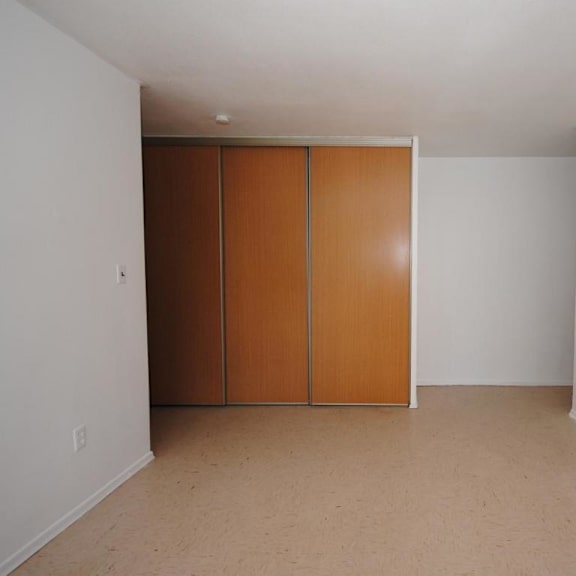 a room with a white wall and a brown wardrobe.