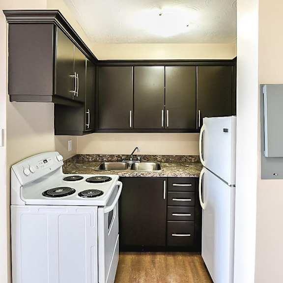 a kitchen with black cabinets and a white refrigerator.