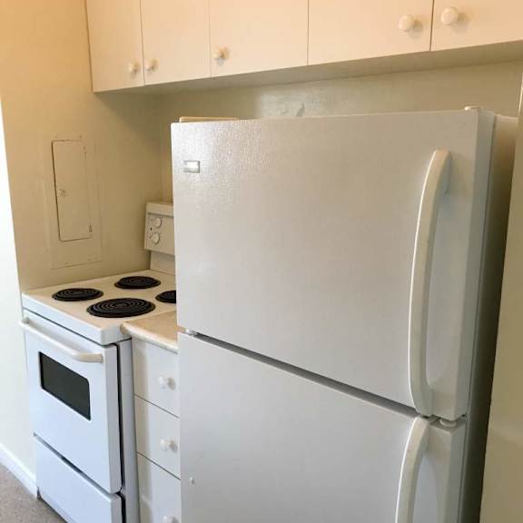 a white refrigerator and oven in a kitchen.