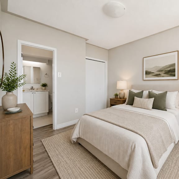 a bedroom with a large bed and a painting on the wall.