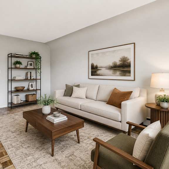 a living room with a white couch, a coffee table, and a lamp.
