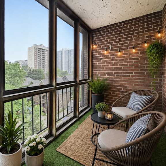 a balcony with a chair and a table with a plant on it.