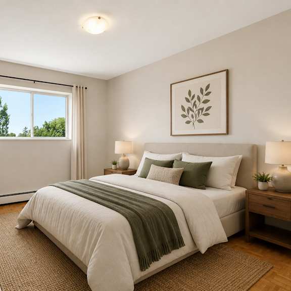 a bedroom with a large bed and a window with curtains.