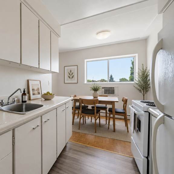 a kitchen with white cabinets and a wooden table.