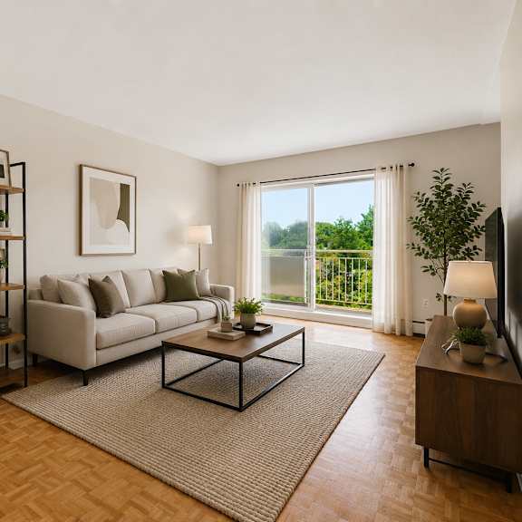 a living room with a white sofa, a coffee table, a bookshelf, and a potted plant.