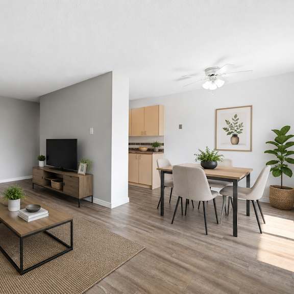 a living room with a couch, a coffee table, and a television.