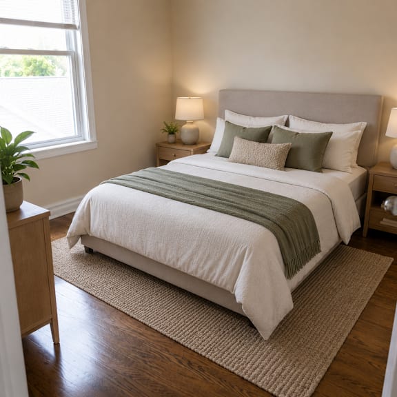 a bedroom with a large bed and a window.