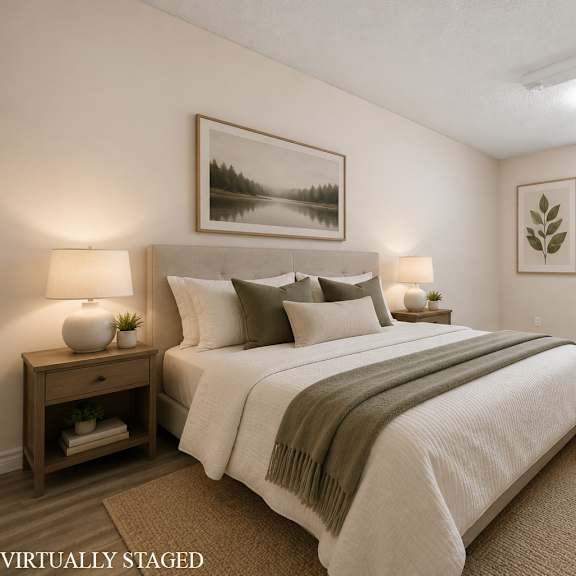 a bedroom with a large bed and a painting on the wall.