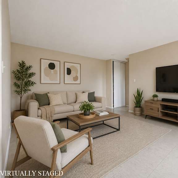 a living room with a white chair, a brown couch, a glass coffee table, a flat screen tv, and a bookshelf with plants.