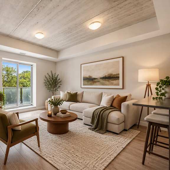 a living room with a brown chair and a white couch.