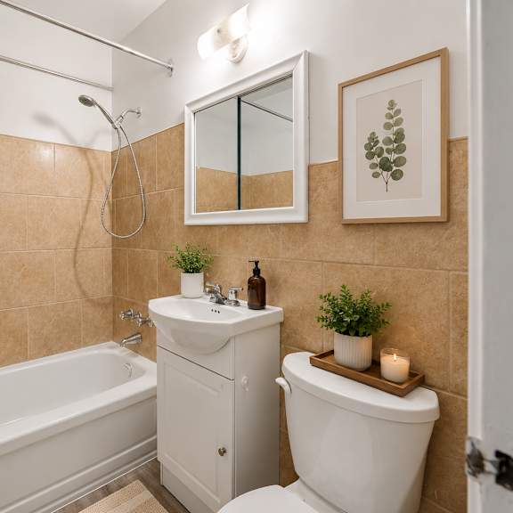a bathroom with a white tub, toilet, and sink.