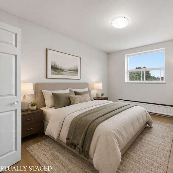 a bedroom with a large bed and a window overlooking a tree-lined landscape.