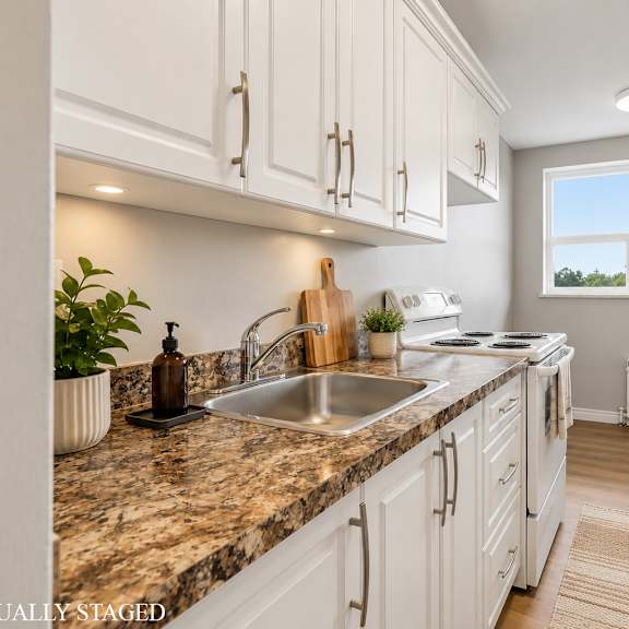a kitchen with white cabinets and a marble countertop.