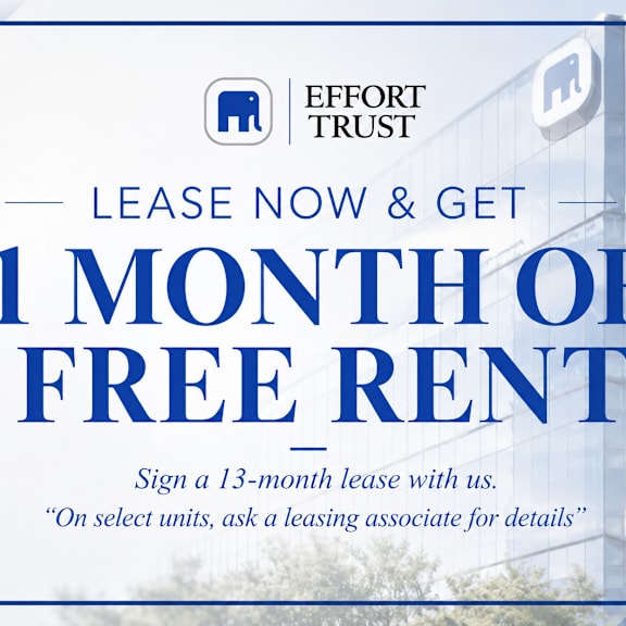 a blue and white advertisement for effort trust offering a free month of rent for signing a 13-month lease.