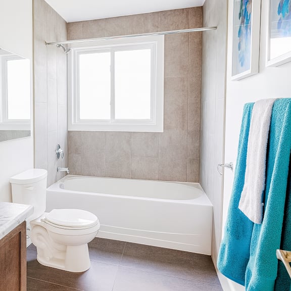 a white toilet sits next to a white bathtub in a bathroom.