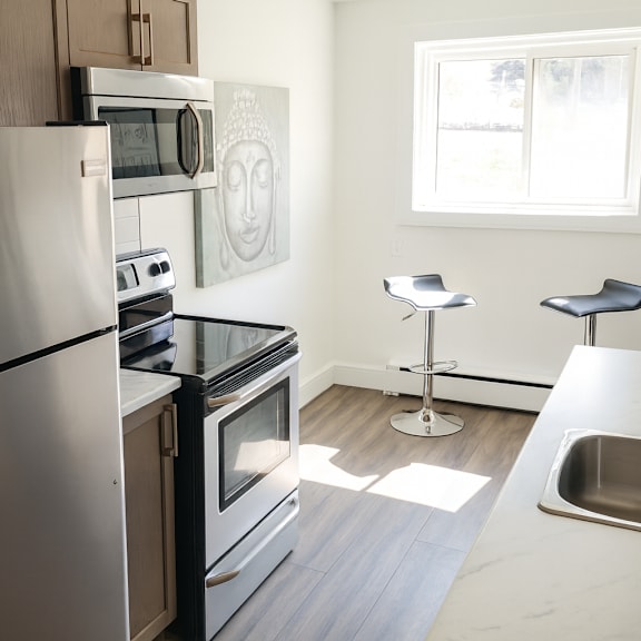 a modern kitchen with stainless steel appliances and a marble countertop.