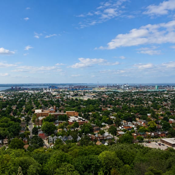 a cityscape with a mix of residential and commercial buildings, surrounded by greenery and under a clear blue sky.